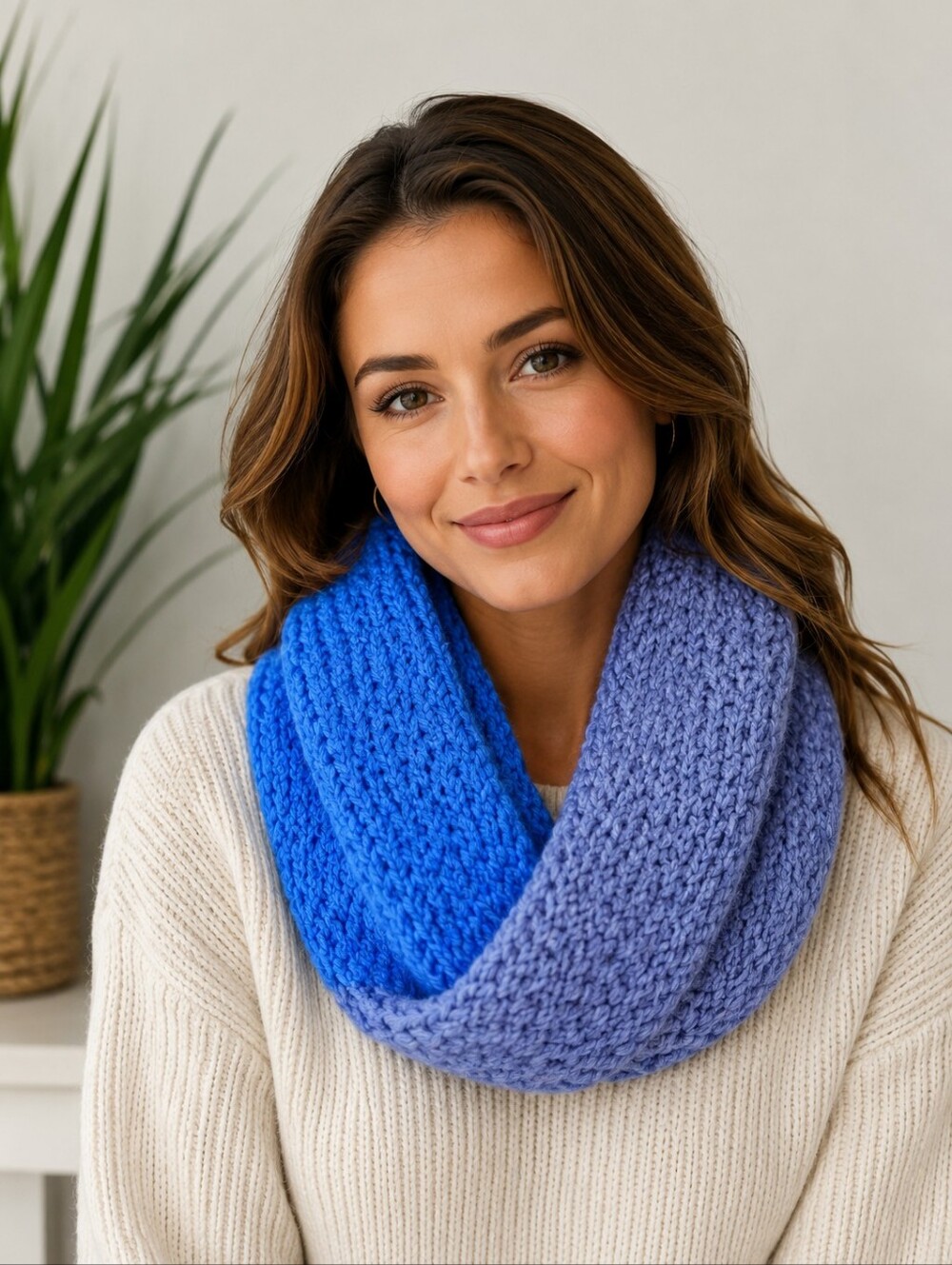 𝅺Hand Knit Soft Cozy Double Layer Knit Cowl In Blue And Grey